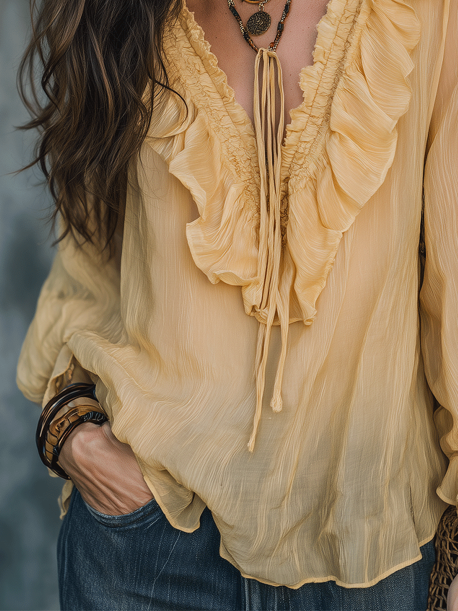 Boho Ruffle Tie-Neck Sheer Long Sleeve Relaxed Fit Blouse