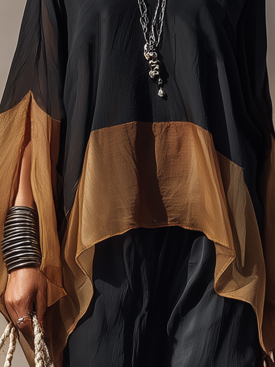 Modern Black Colorblock Sheer Blouse