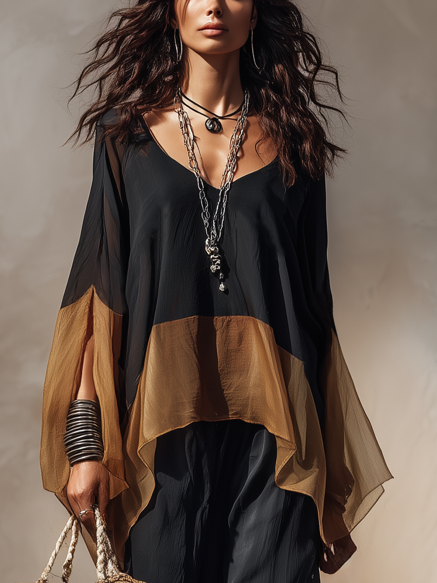 Modern Black Colorblock Sheer Blouse