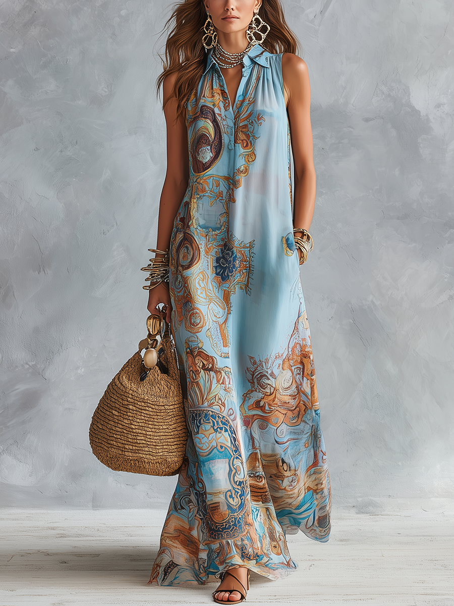 Vacation Style Blue Baroque Print Chiffon Maxi Dress