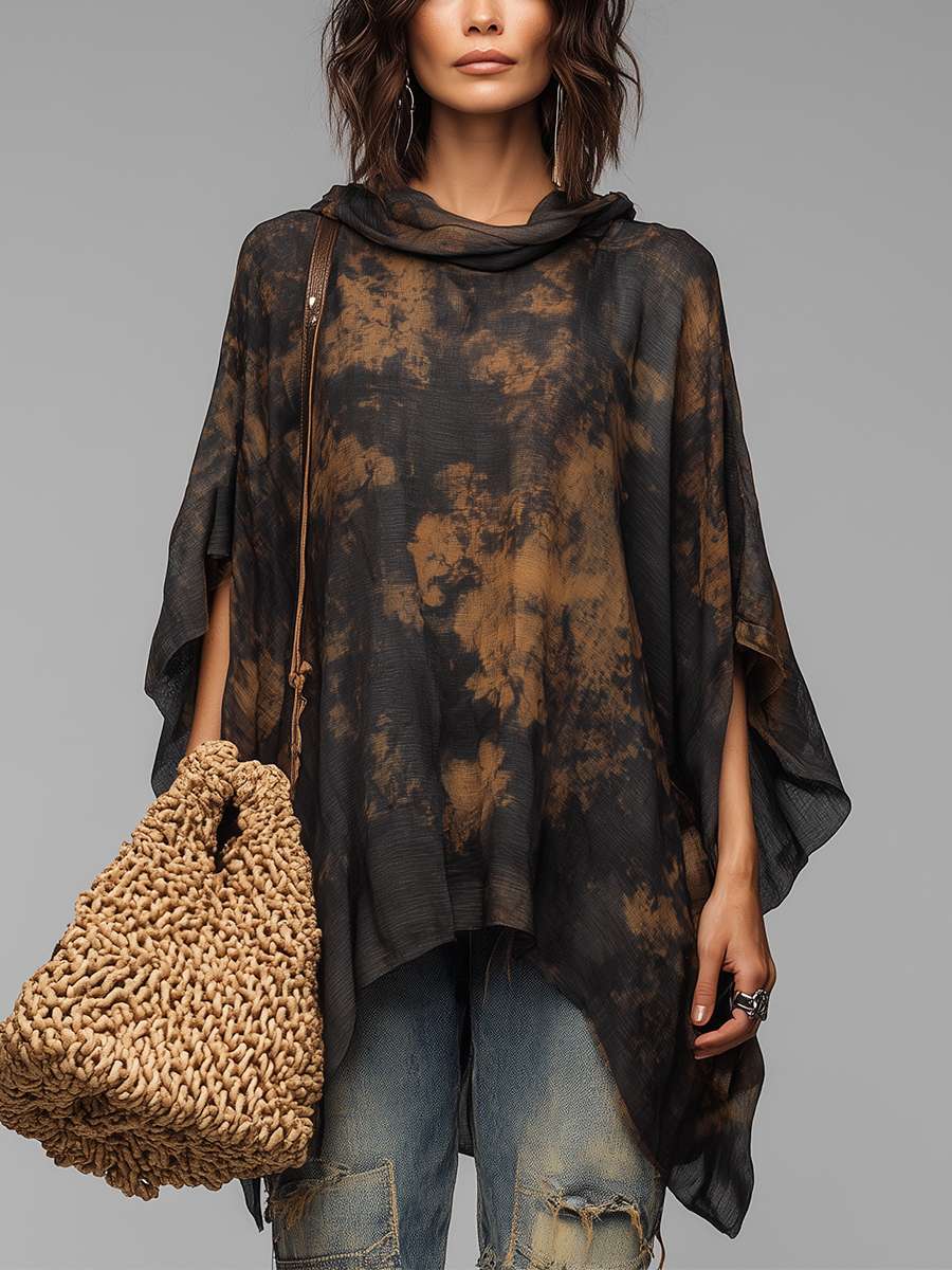 Modern Black Abstract Print Poncho Top