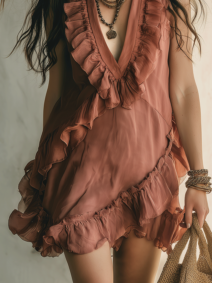 Boho Chic Ruffled V-Neck Feminine Ruffled Mini Dress
