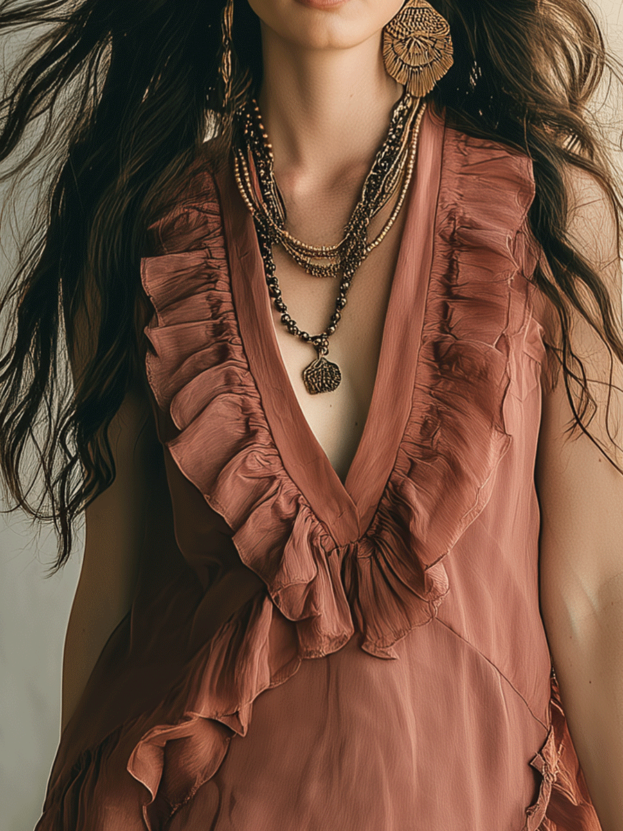 Boho Chic Ruffled V-Neck Feminine Ruffled Mini Dress