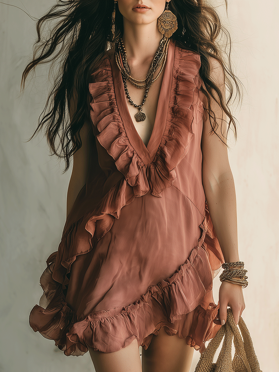 Boho Chic Ruffled V-Neck Feminine Ruffled Mini Dress