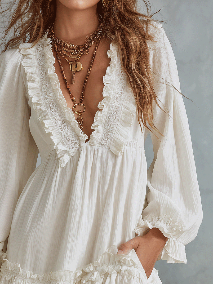 Romantic Boho White Ruffle Mini Dress