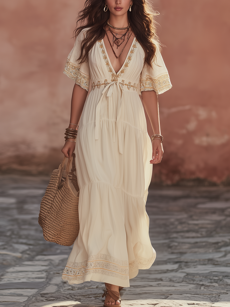 Soft Ivory Embroidered Boho Maxi Dress
