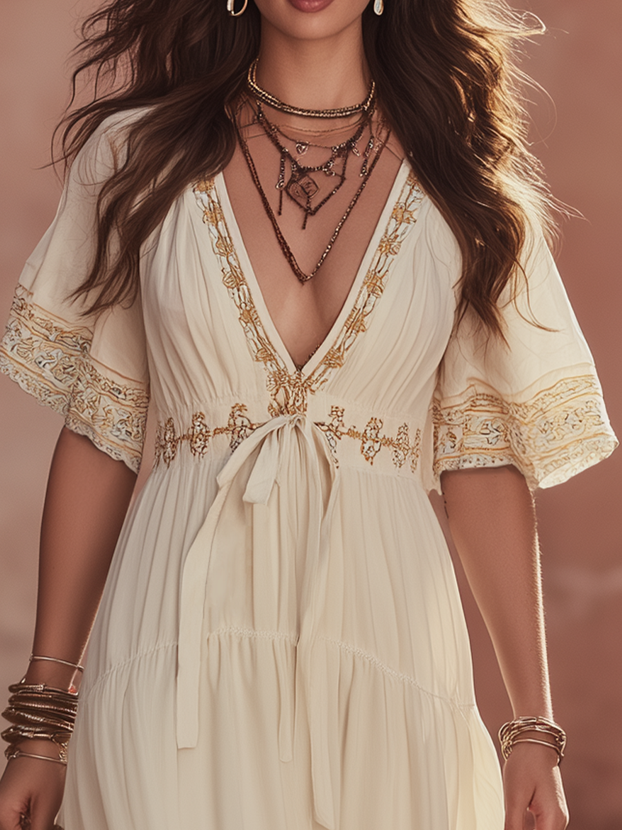 Soft Ivory Embroidered Boho Maxi Dress