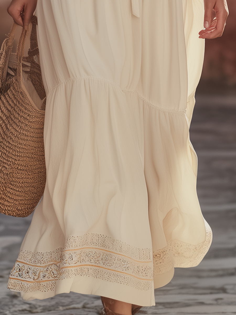 Soft Ivory Embroidered Boho Maxi Dress