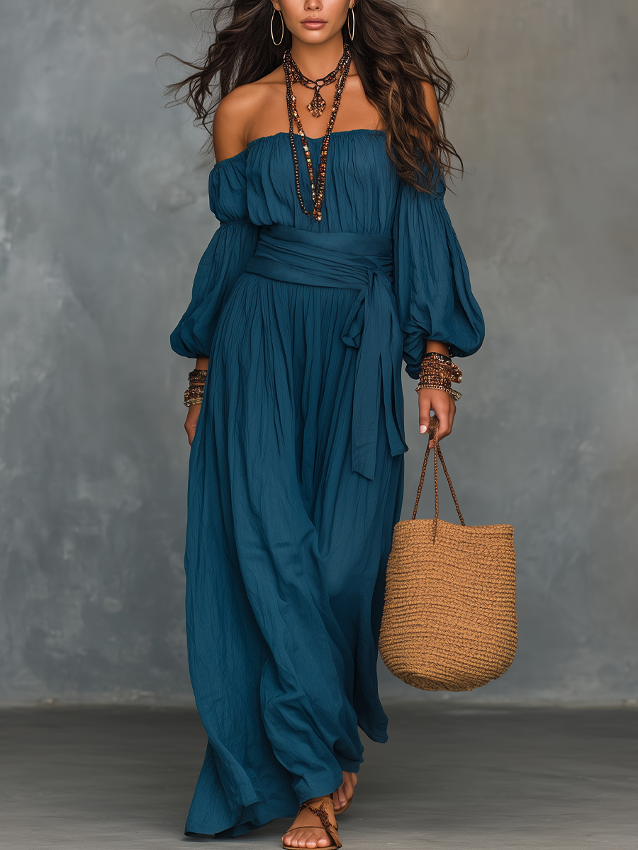 Elegant Teal Off-Shoulder Maxi Dress