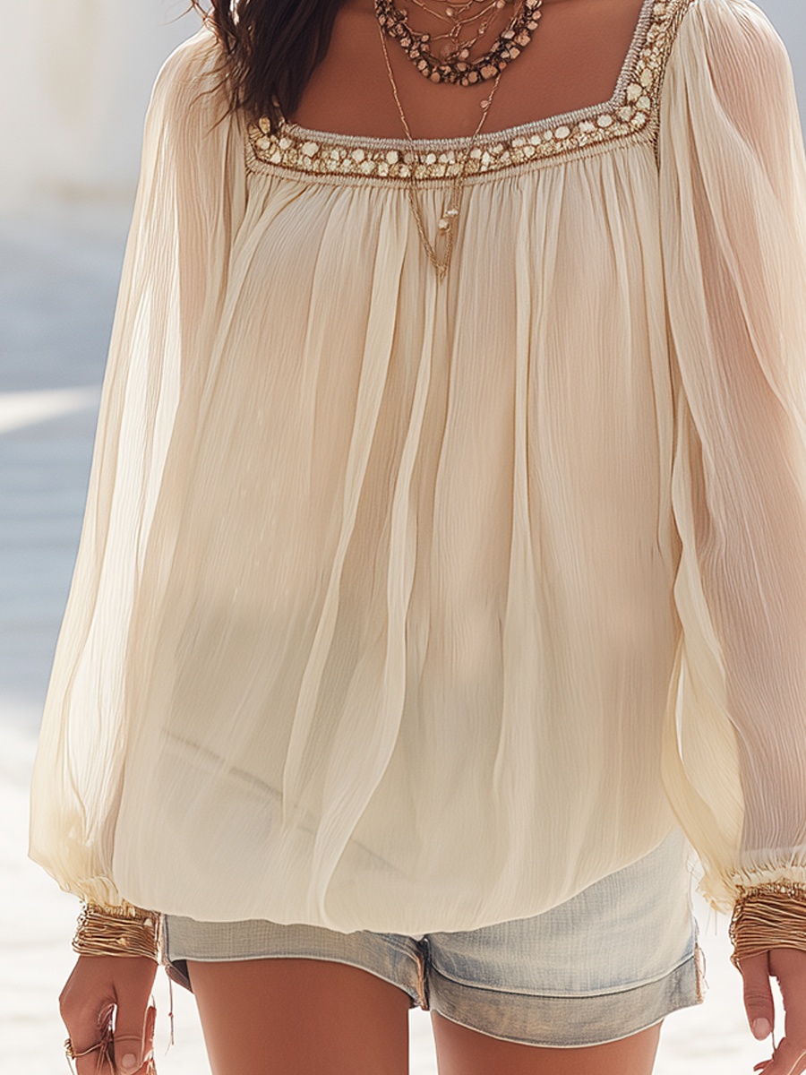 Vacation Style White Sequin Puff Sleeve Top