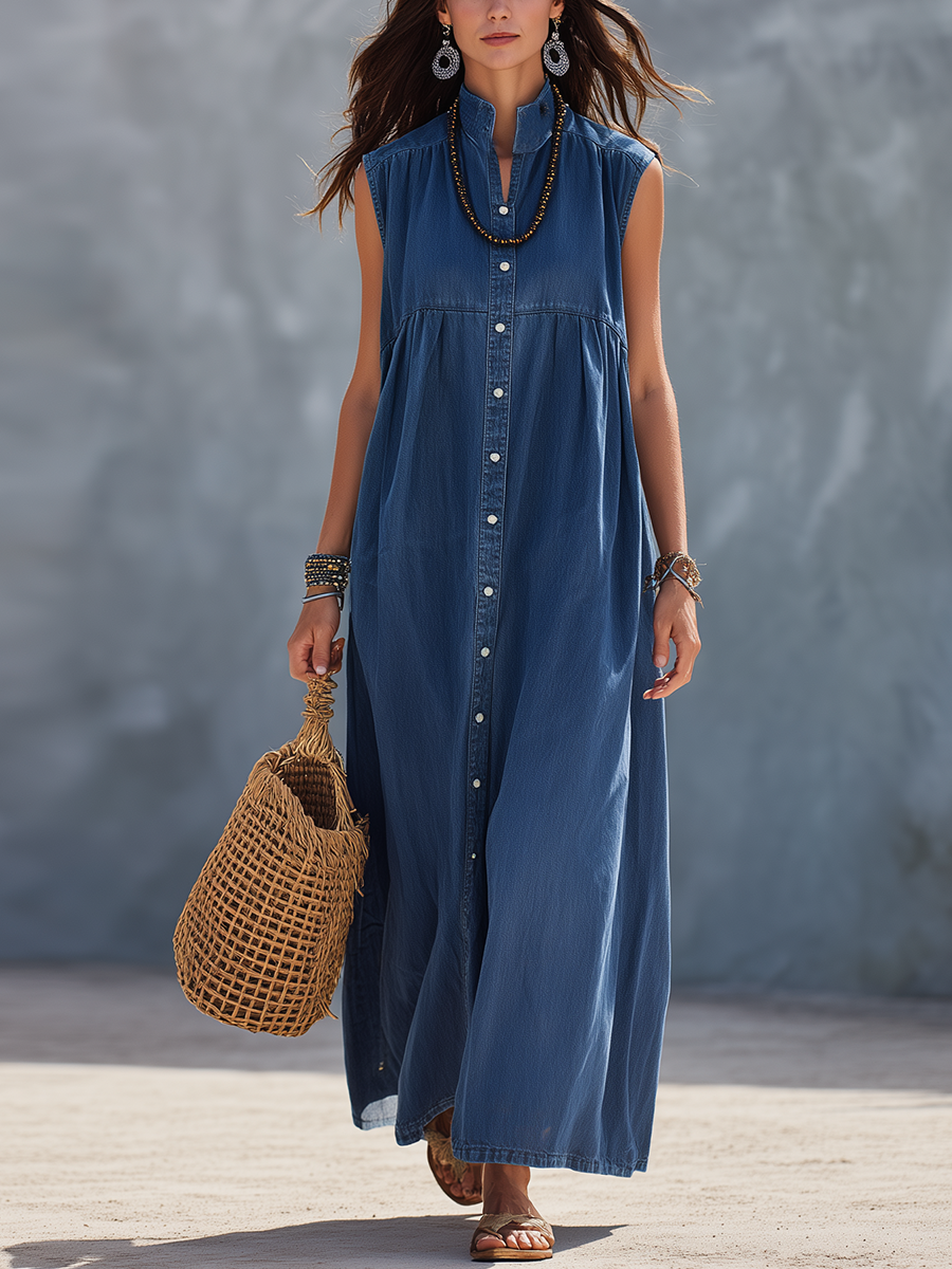 Casual Bohemian Indigo Washed Denim Shirt Maxi Dress