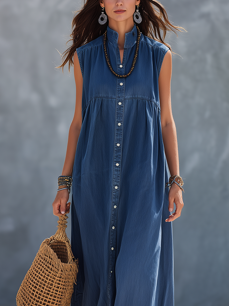 Casual Bohemian Indigo Washed Denim Shirt Maxi Dress
