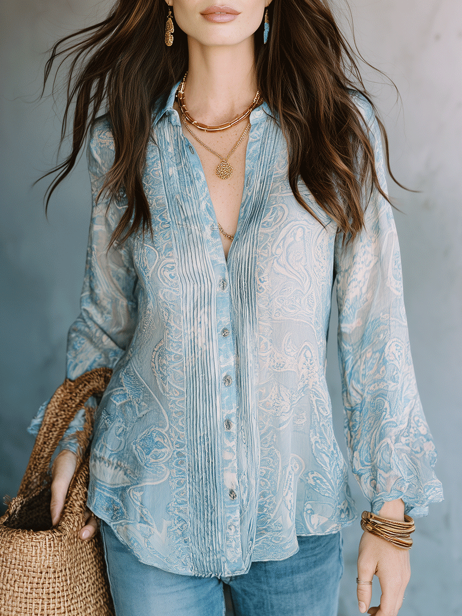 Effortless Boho Paisley Print Button-Front Sheer Relaxed Fit Blouse