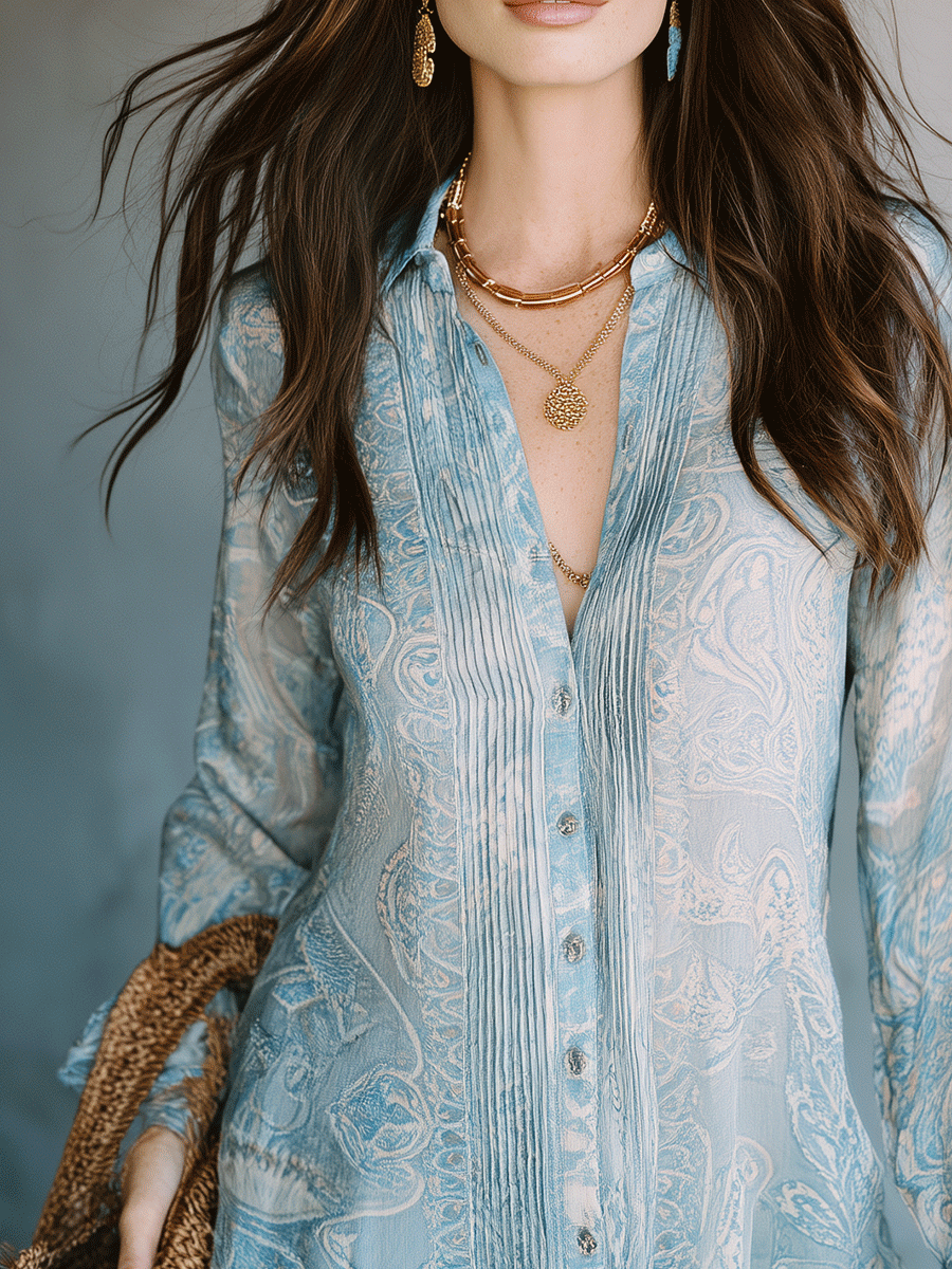 Effortless Boho Paisley Print Button-Front Sheer Relaxed Fit Blouse