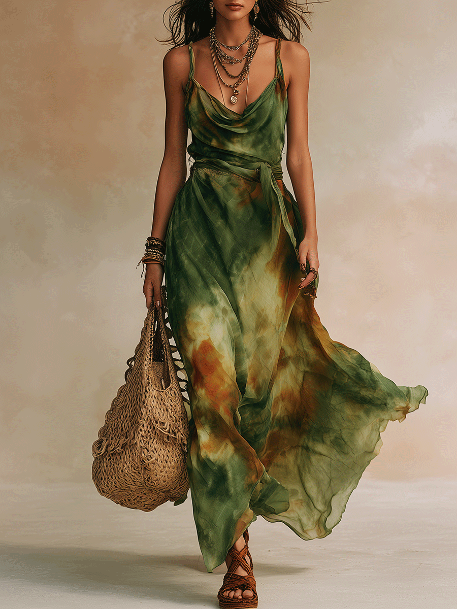 Chic Green Abstract Lightweight Silk-Like Feminine Silhouette Maxi Dress