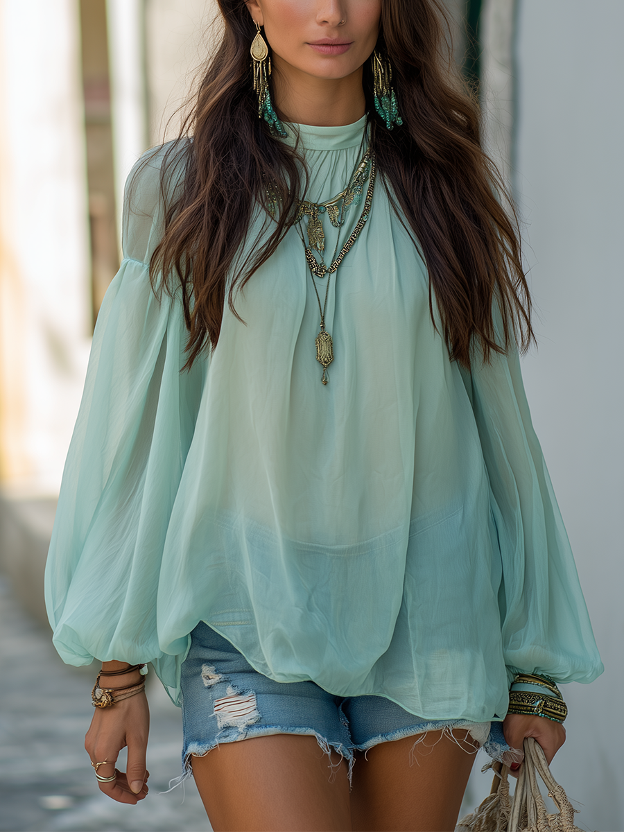 Relaxed Bohemian Sage Green Chiffon Blouse