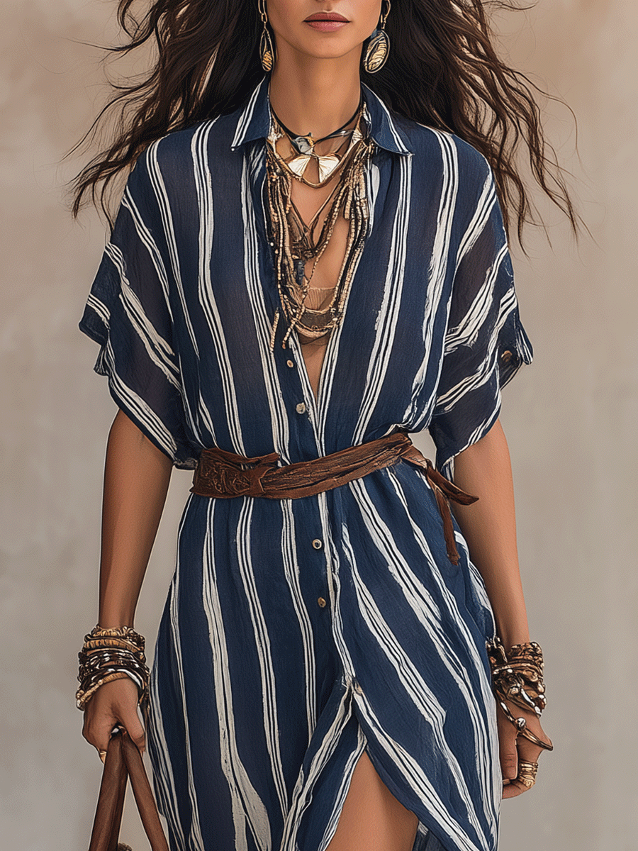 Boho Striped Button-Front Belted High-Slit Flowy Maxi Dress