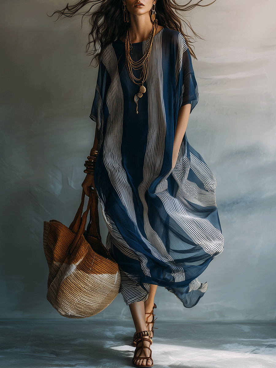 Chic Blue Stripe Lightweight Draped Relaxed Resort Caftan Maxi Dress