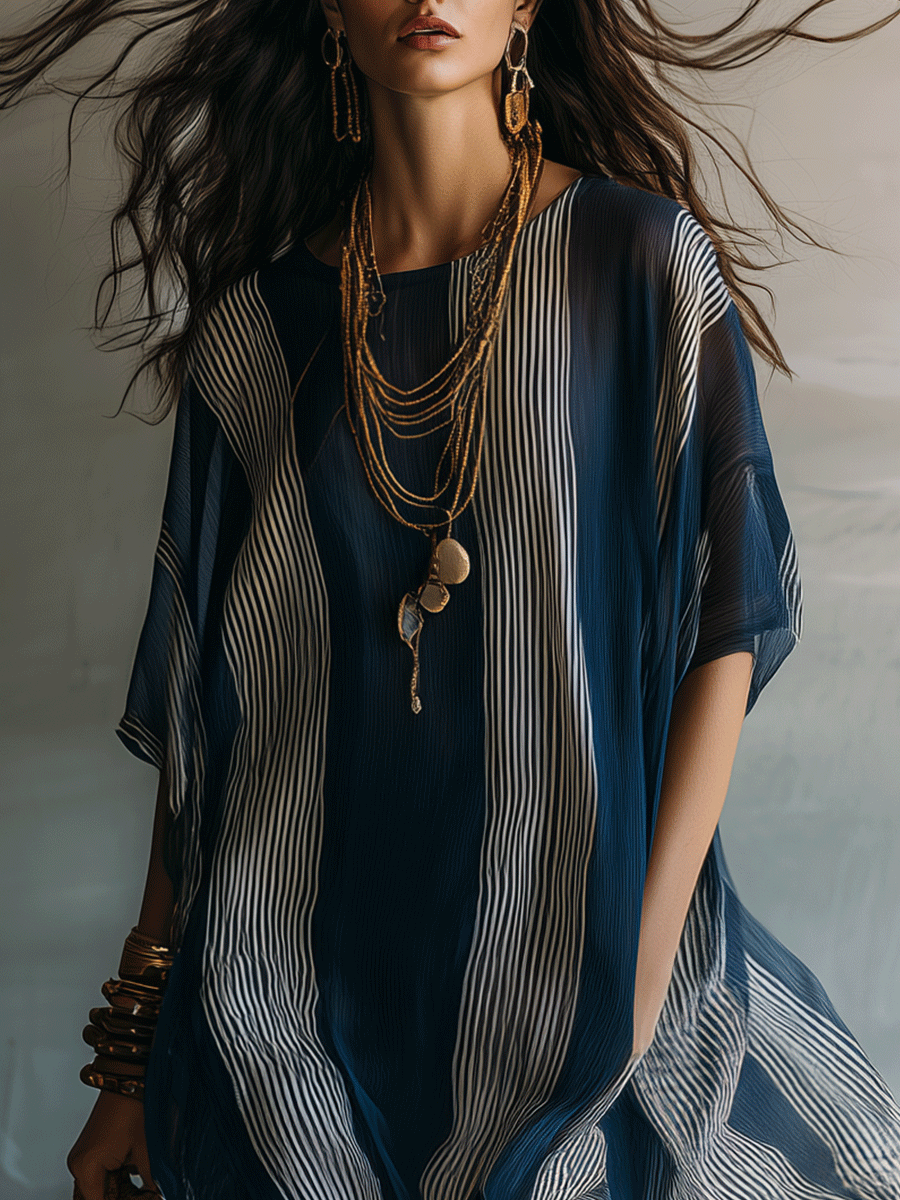 Chic Blue Stripe Lightweight Draped Relaxed Resort Caftan Maxi Dress