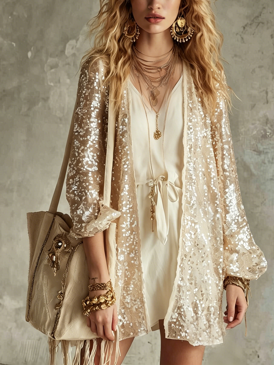 Champagne Sequined Knit Cardigan Dress Set