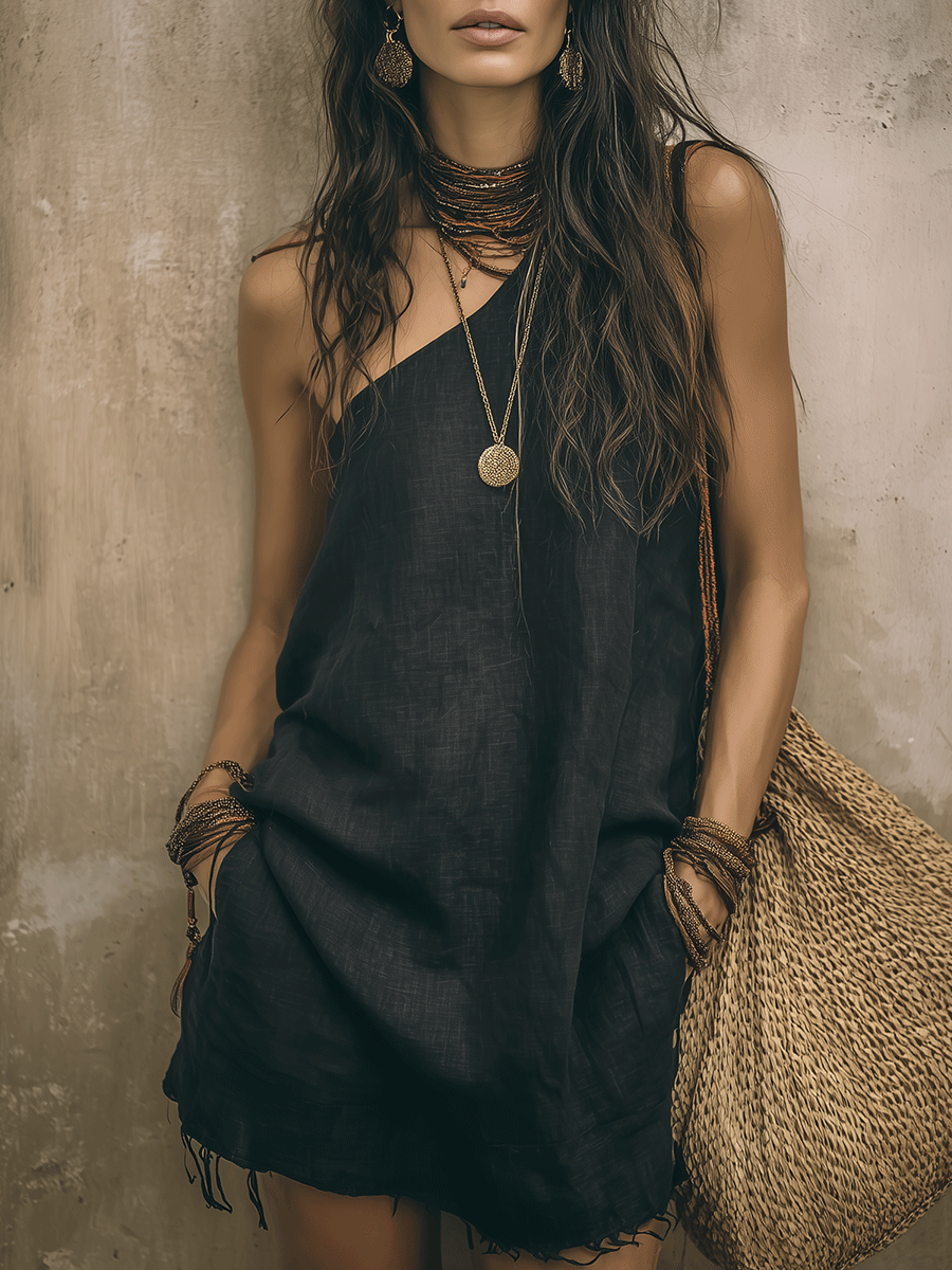 Casual Boho One-Shoulder Black Lightweight Linen Feel Relaxed Fit Raw Hem Mini Dress