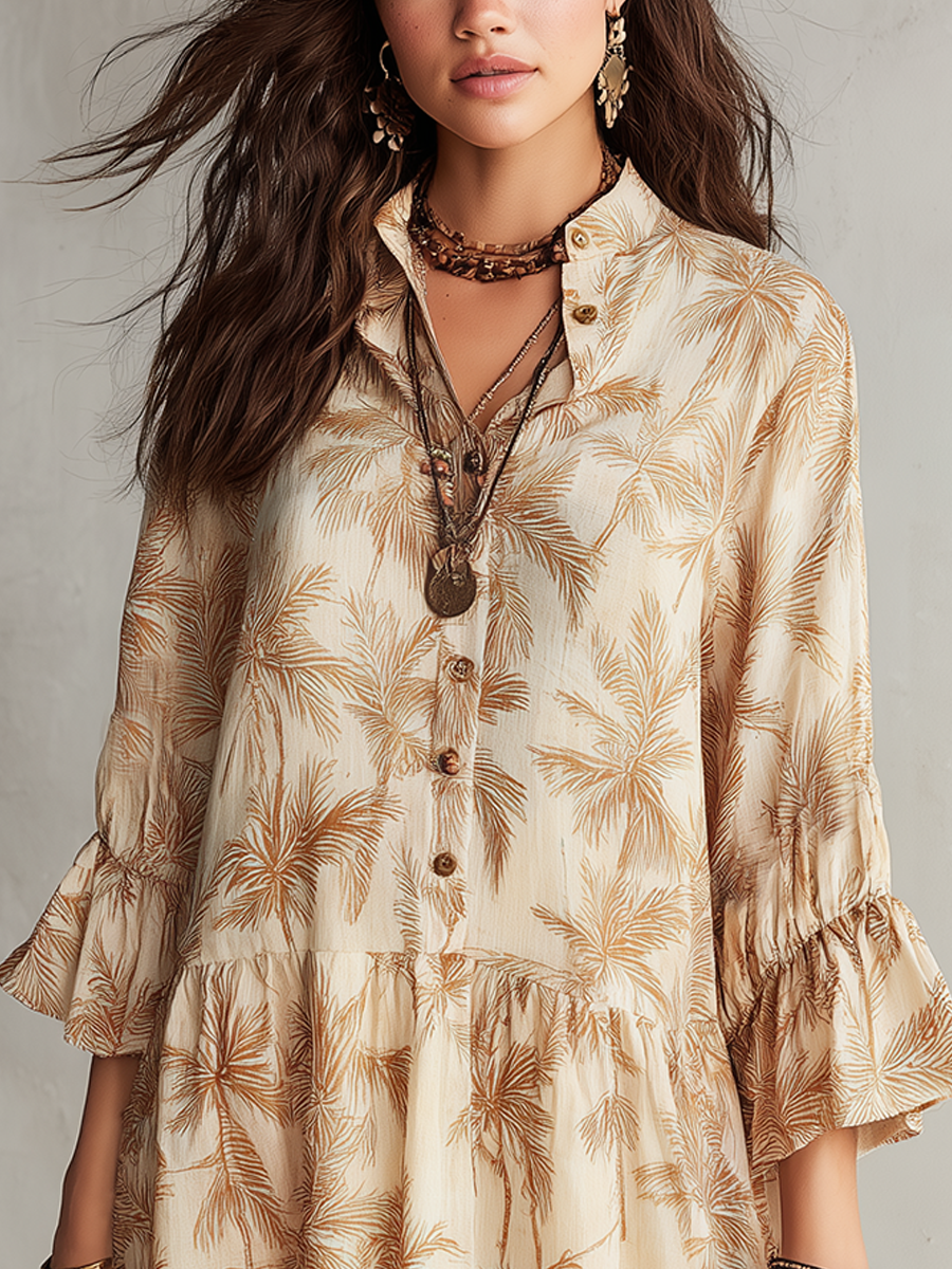 Bohemian Style Khaki Palm Tree Dress