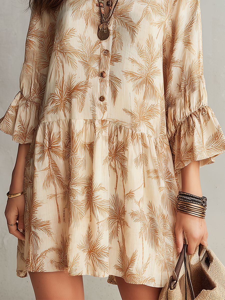 Bohemian Style Khaki Palm Tree Dress