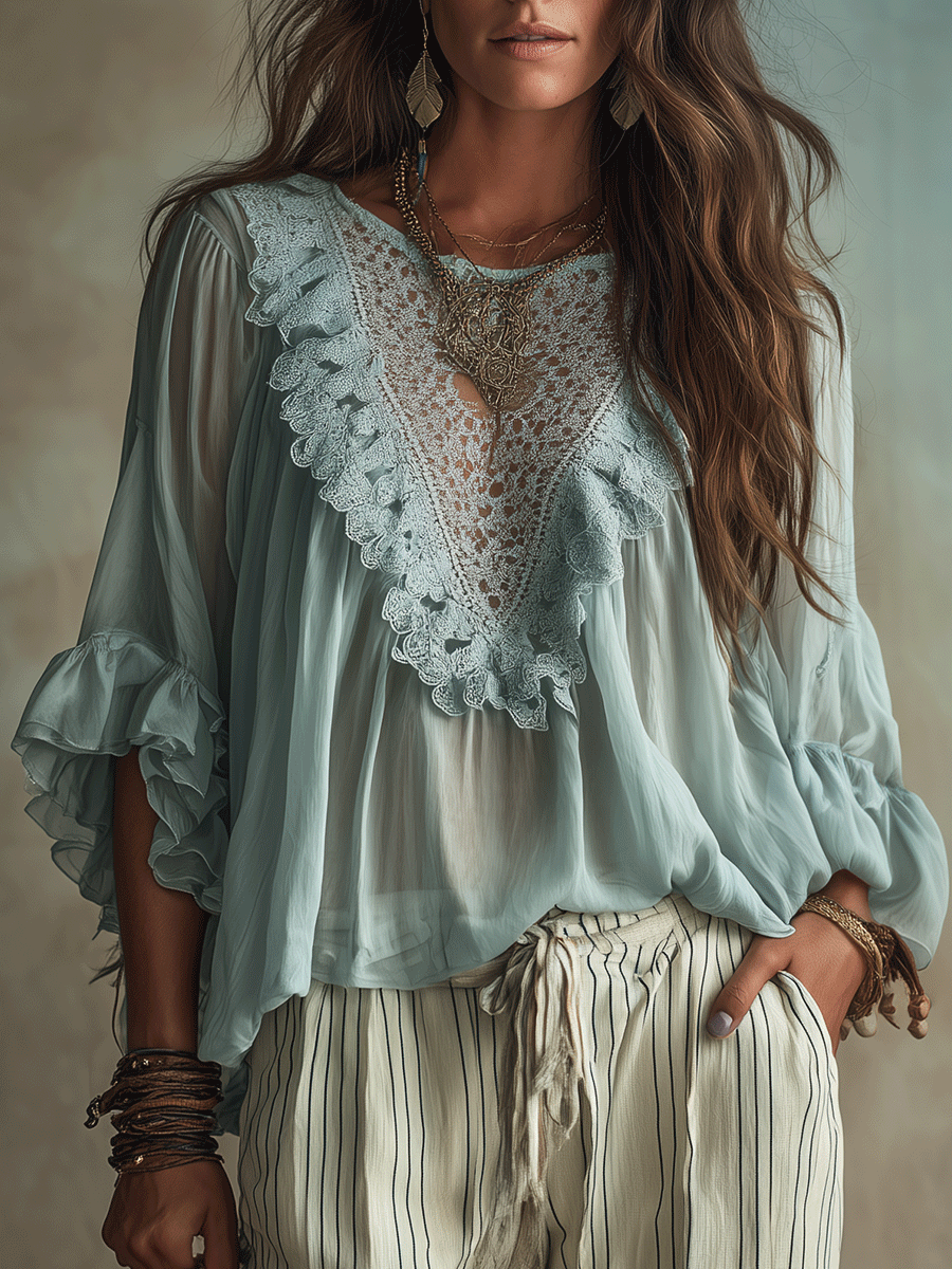 Boho Casual Lace Sage Blue Crochet V-Neck Flowy Relaxed Fit Blouse