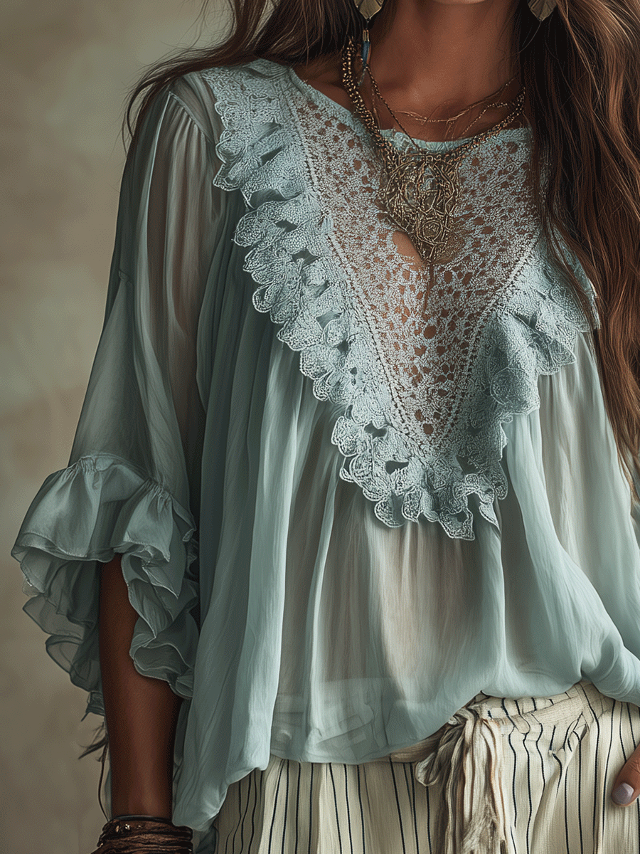 Boho Casual Lace Sage Blue Crochet V-Neck Flowy Relaxed Fit Blouse