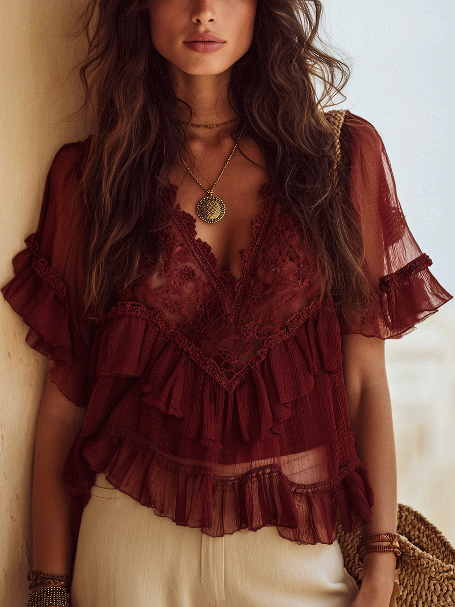 Boho Wine Red Lace Crochet Ruffle Trim Sheer Relaxed Fit Blouse