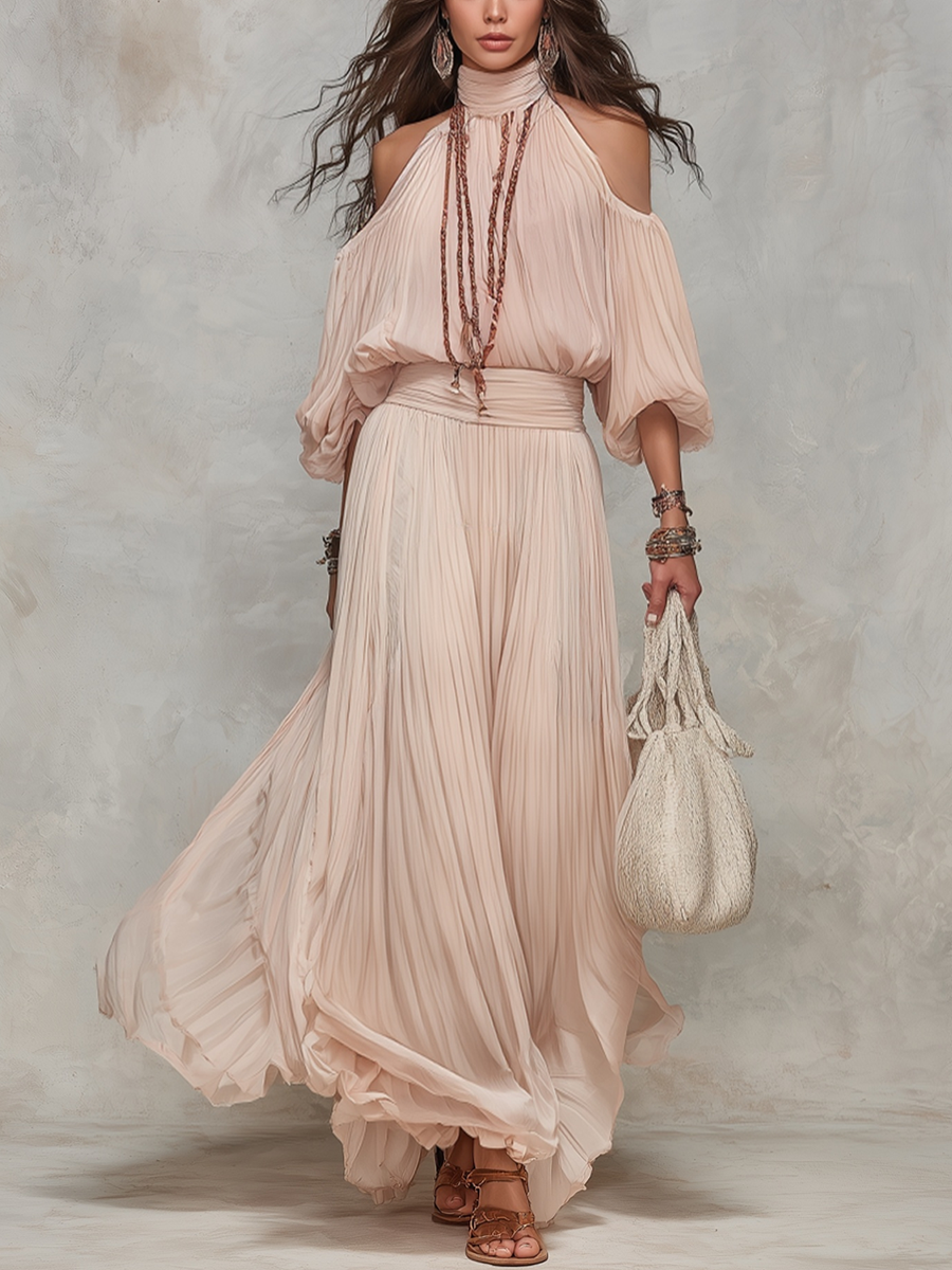 Flowy Light Pink Pleated Off-shoulder Maxi Dress