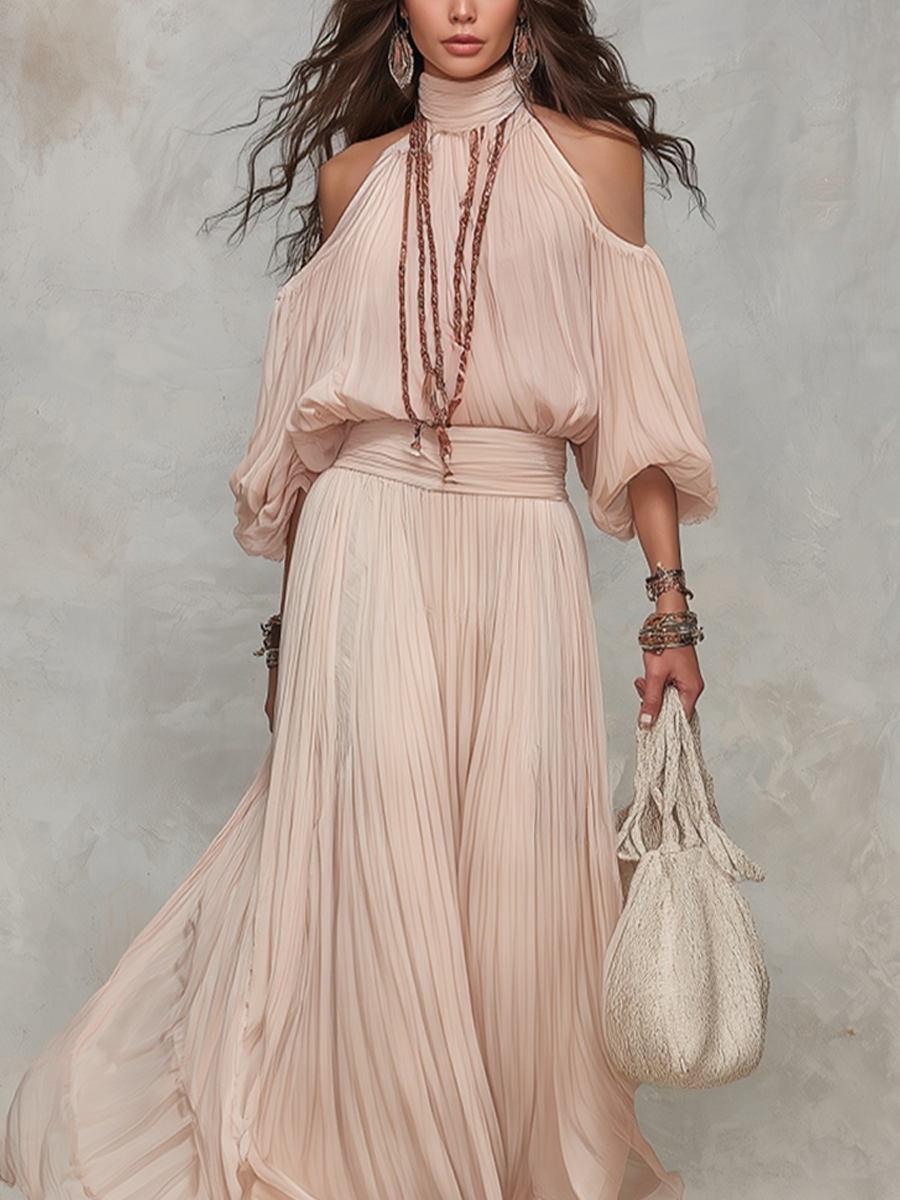 Flowy Light Pink Pleated Off-shoulder Maxi Dress