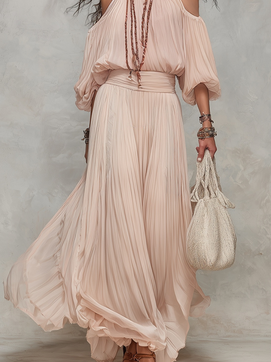 Flowy Light Pink Pleated Off-shoulder Maxi Dress