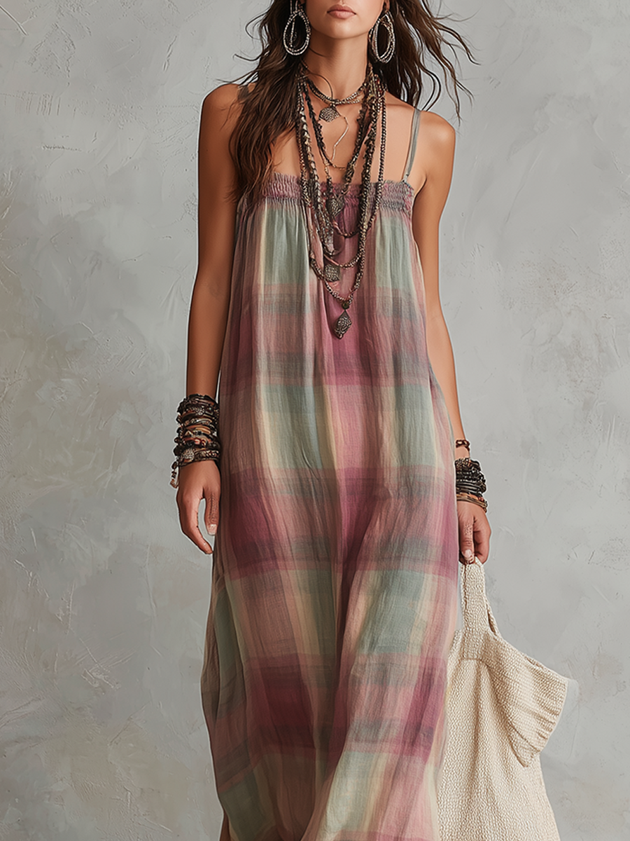 Bohemian Pastel Plaid Flowy Maxi Dress
