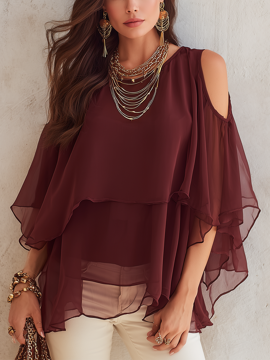 Romantic Wine Red Sheer Cape Blouse