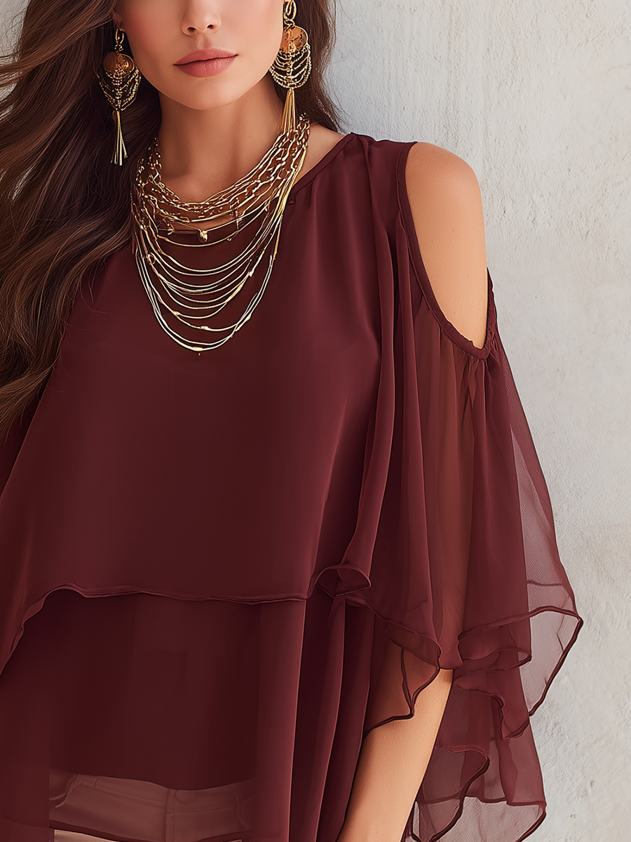 Romantic Wine Red Sheer Cape Blouse