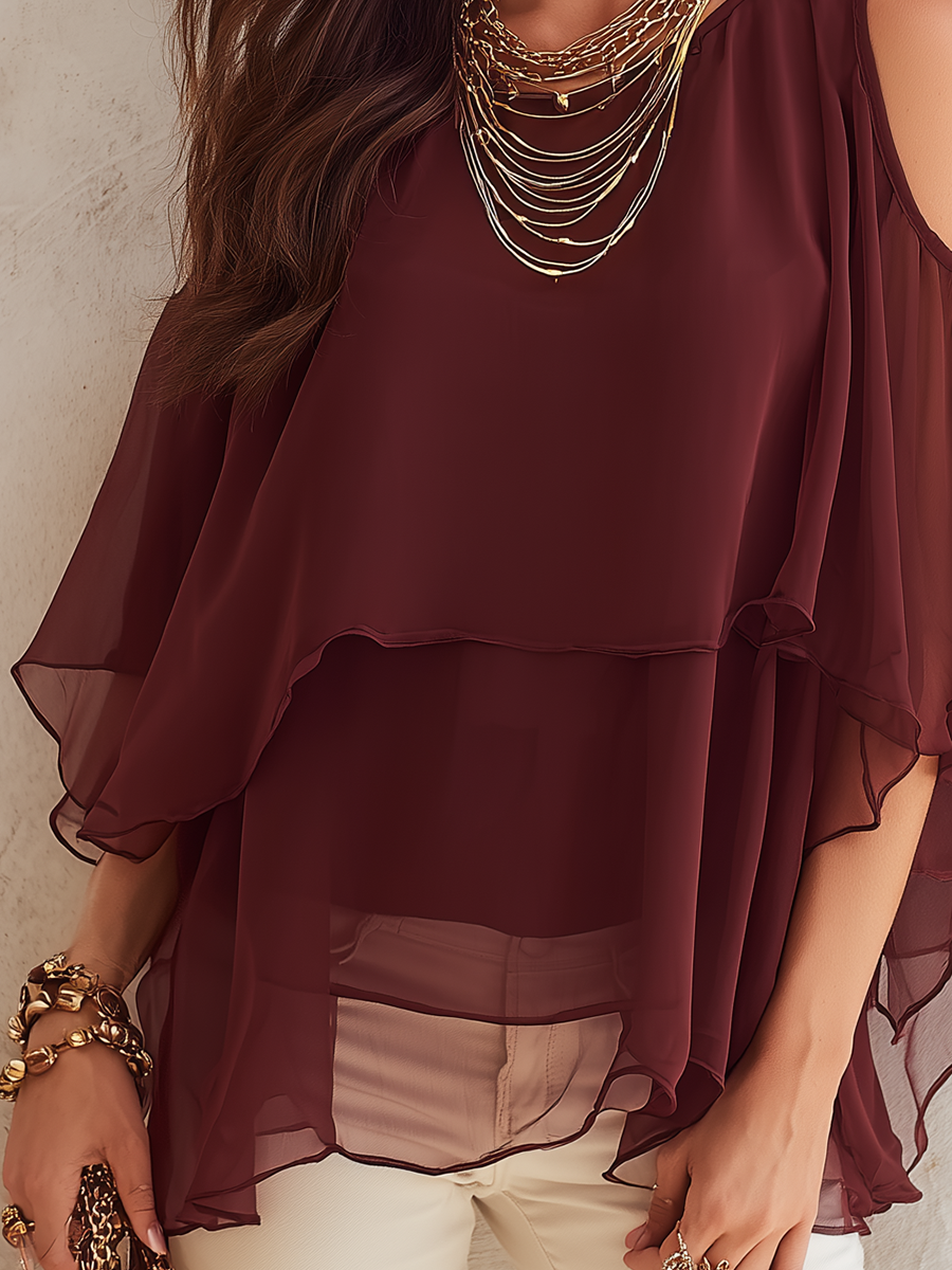 Romantic Wine Red Sheer Cape Blouse
