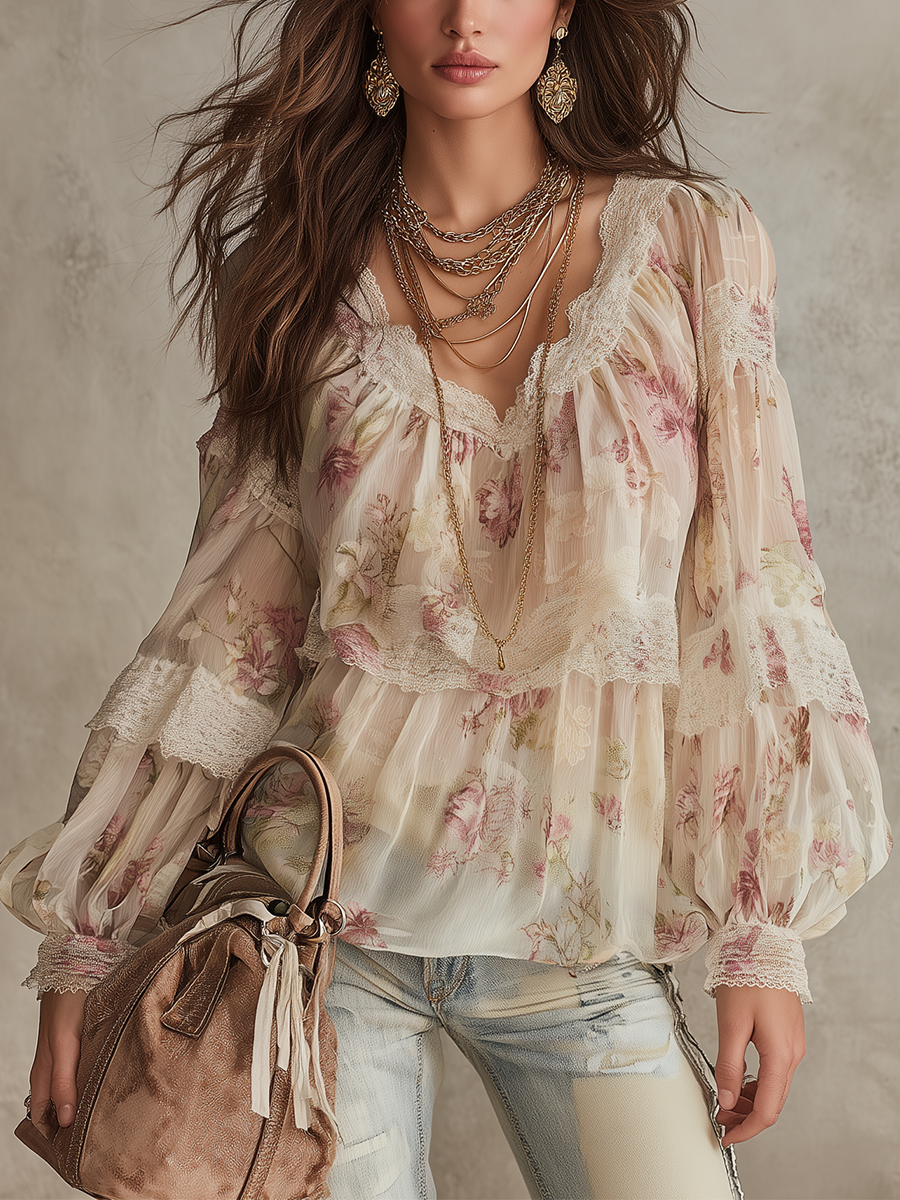 Bohemian Style Floral Lace-trimmed Shirt