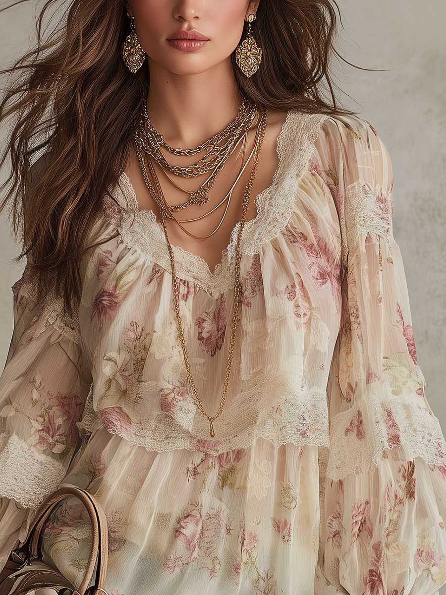 Bohemian Style Floral Lace-trimmed Shirt