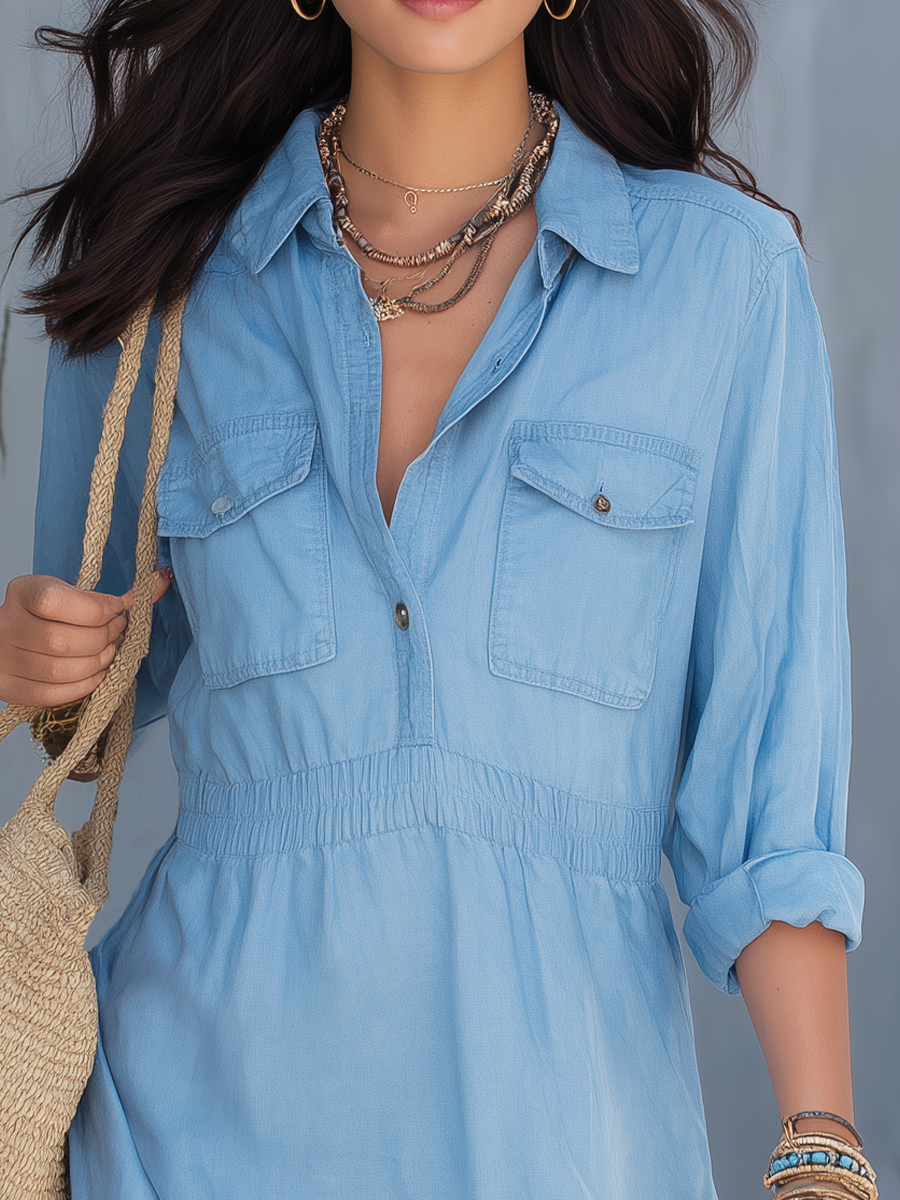 Effortless Sky Blue Utility Mini Dress