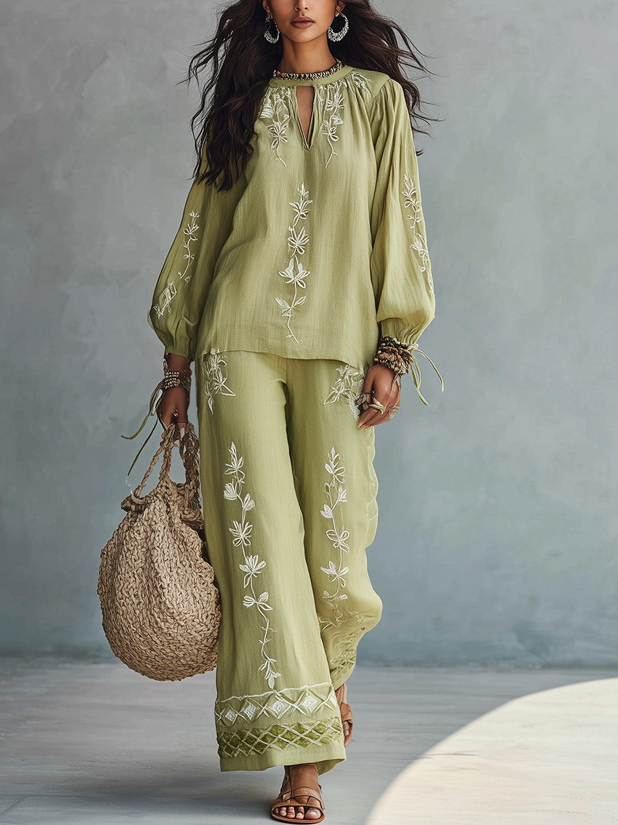Refined Sage Embroidered Lounge Set