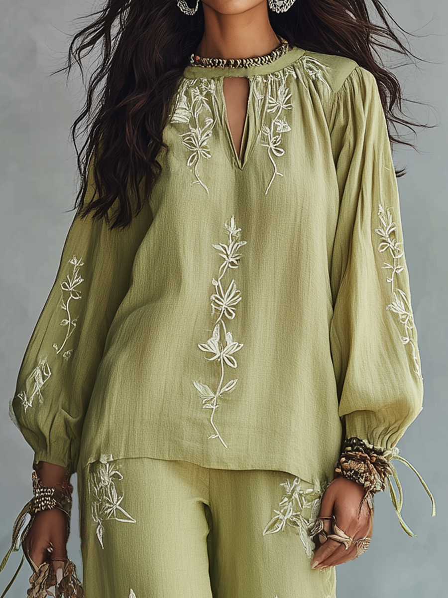 Refined Sage Embroidered Lounge Set