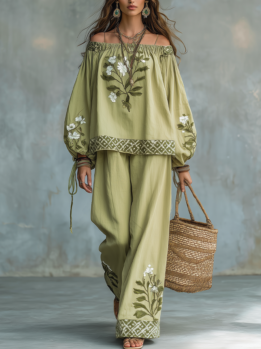 Elegant Sage Floral Off-Shoulder Pant Set