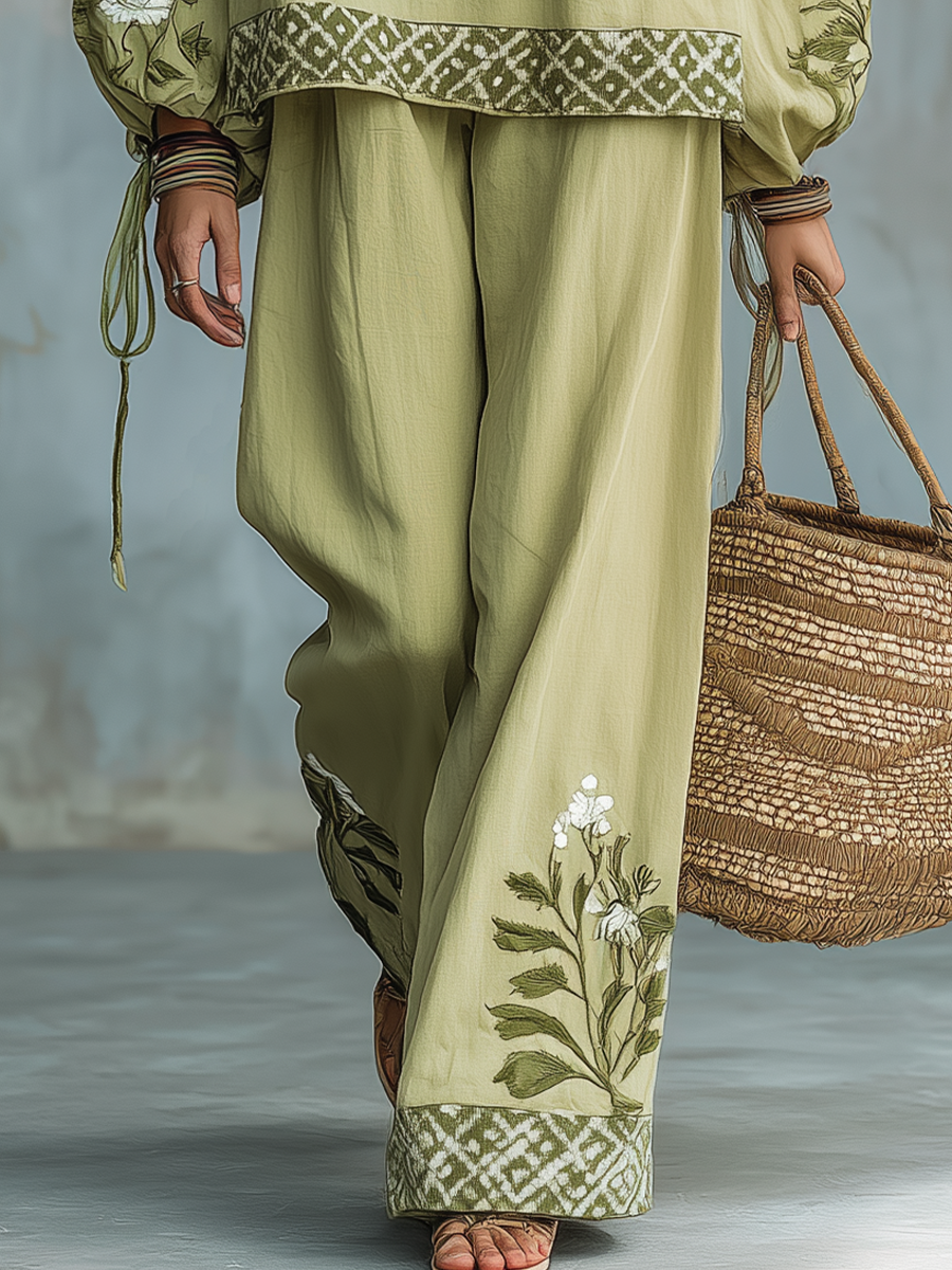 Elegant Sage Floral Off-Shoulder Pant Set
