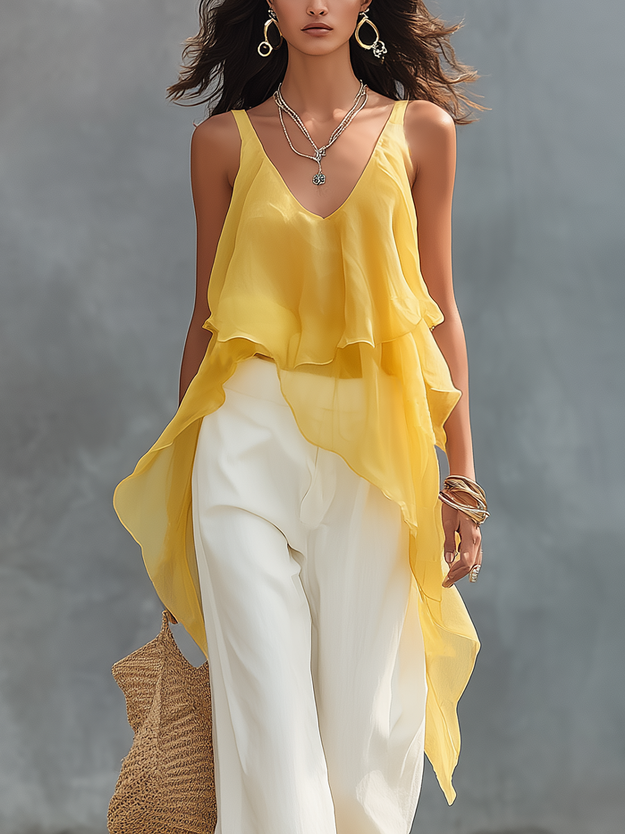Elegant Butter Yellow Layered Cami Blouse