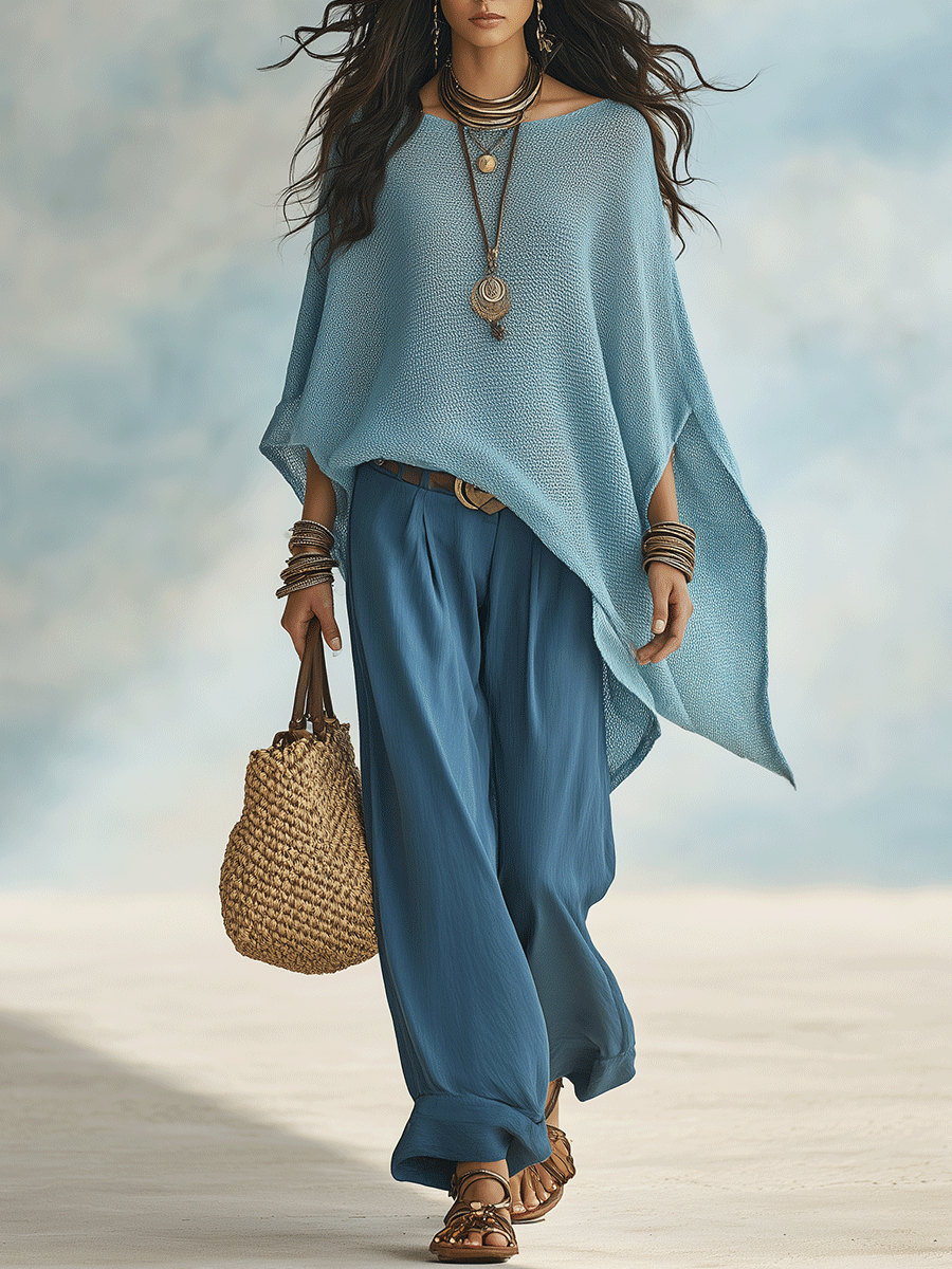 Boho Oversized Knit Poncho Top & Wide-Leg Relaxed Pants Set