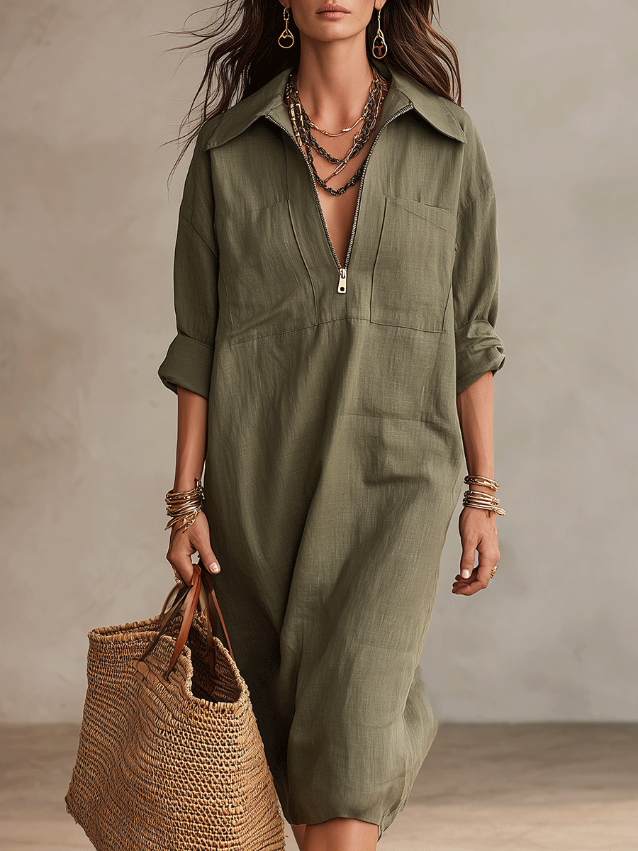 Boho Zip-Neck Linen Utility Style Relaxed Fit Midi Shirt Dress