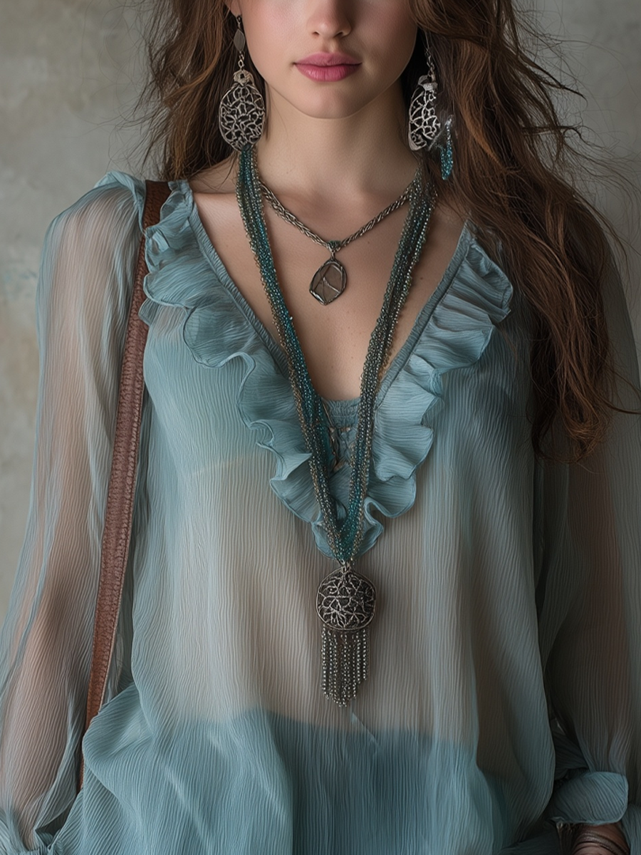 Ethereal Aqua Ruffle Sheer Boho Blouse