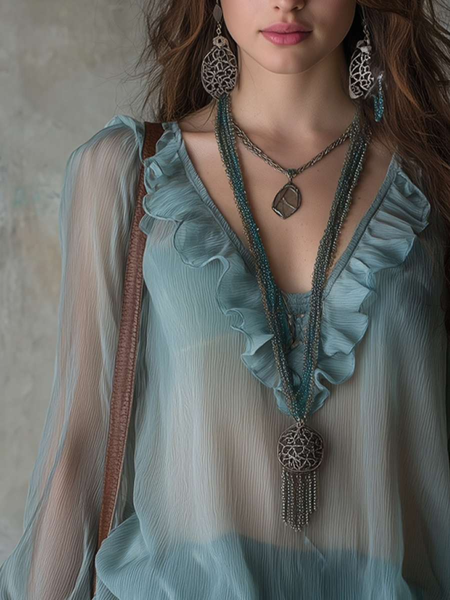 Ethereal Aqua Ruffle Sheer Boho Blouse