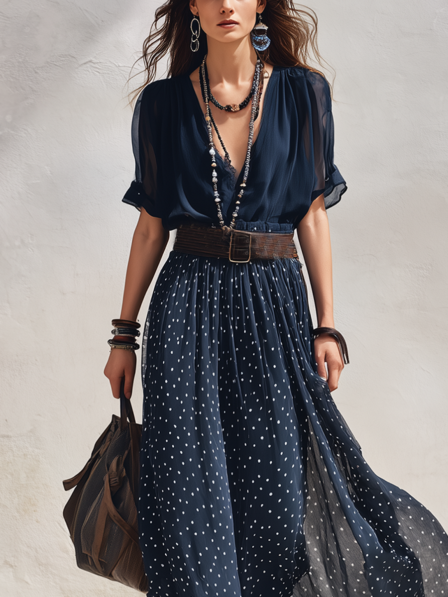 Midnight Blue Polka Dot Chiffon Long Skirt Set